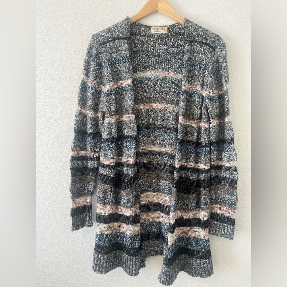 Ruff Hewn Womens Cardigan Long Sweater Open Front Pockets Blue Gray